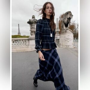 Zara Smocked Plaid Blouse NWT